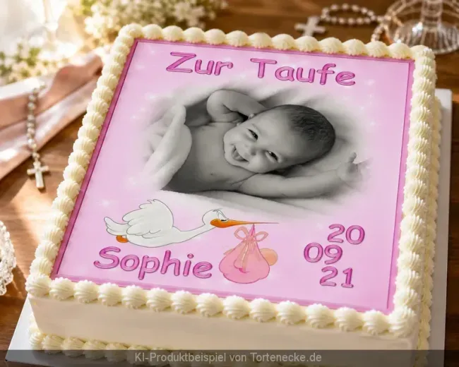 Rechteckige Tauftorte für Mädchen in Rosa dekoriert mit eckigem Foto Tortenaufleger mit Storch Deko